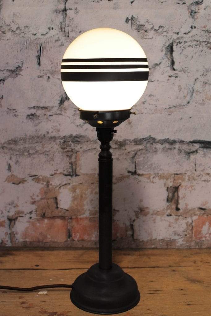 Matt black large candlestick table lamp with three stripe shade