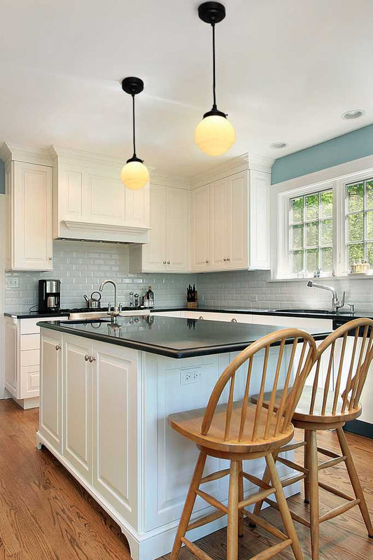 Schoolhouse pendants in kitchen