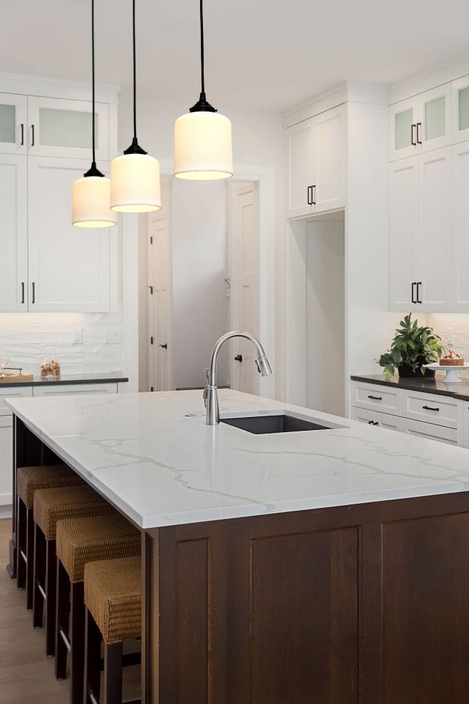 Ribbed ceramic pendant lights in kitchen