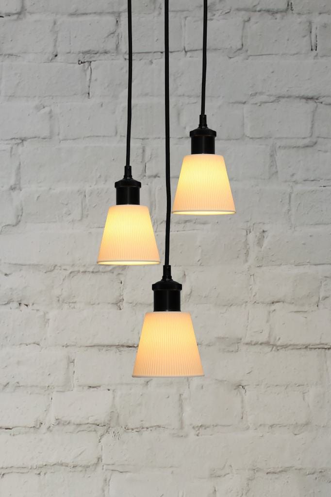 Black three light pendant with large ceramic shades