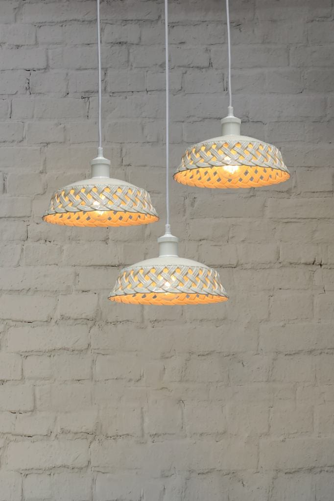 White three light pendant with white ceramic shades