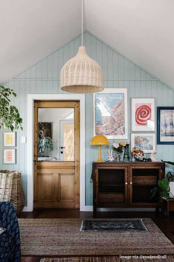 wicker pendant ceiling light in a living room.