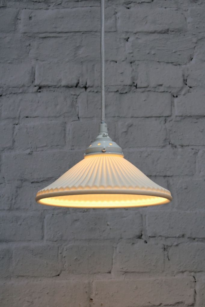 Pleat ceramic pendant light with white gallery