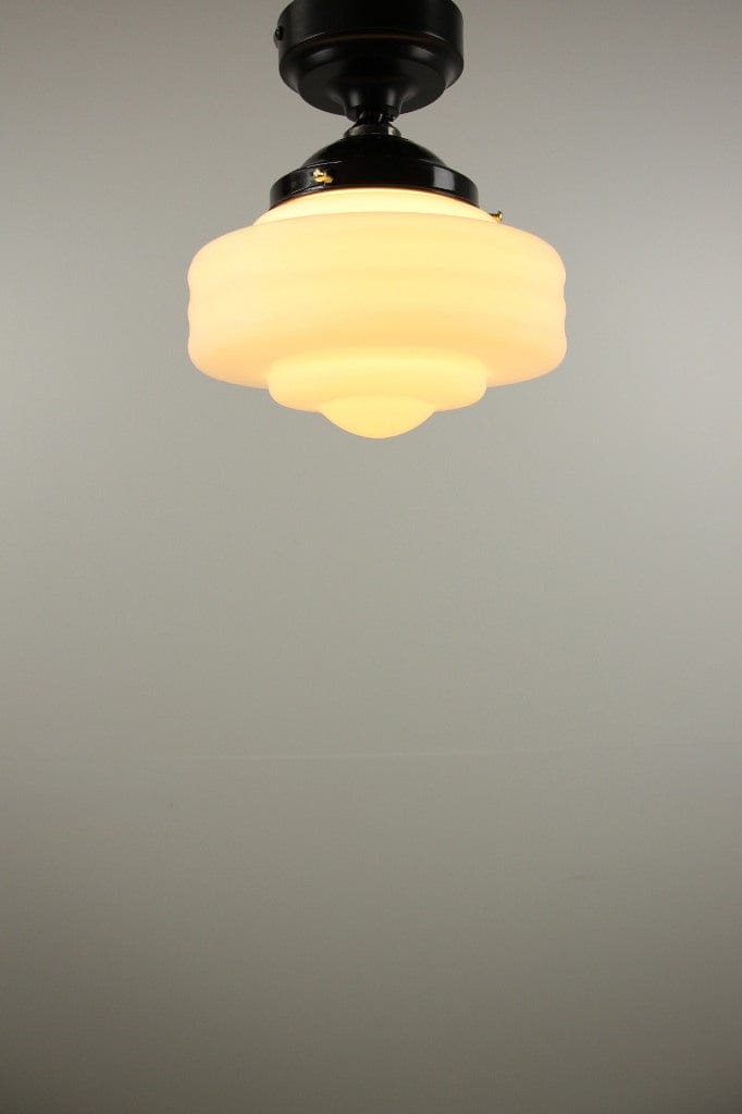 Schoolhouse flush mount light with black sconce and small shade