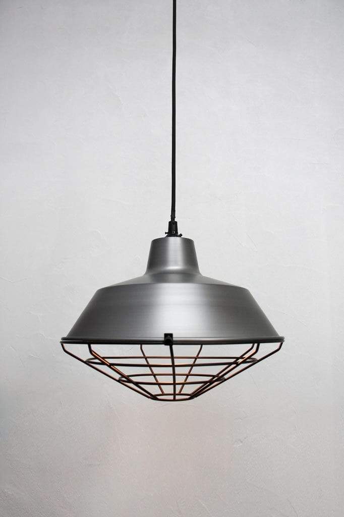 Steel pendant light with black cage guard