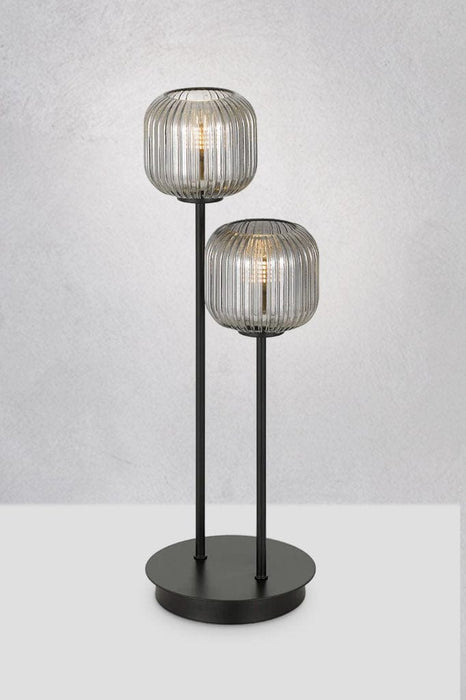 Smoked glass 2 light table lamp with black base