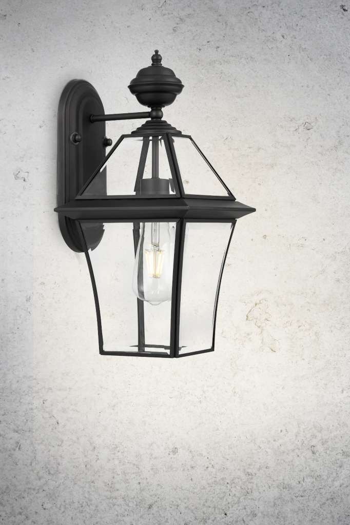 Small black outdoor wall light with single bulb