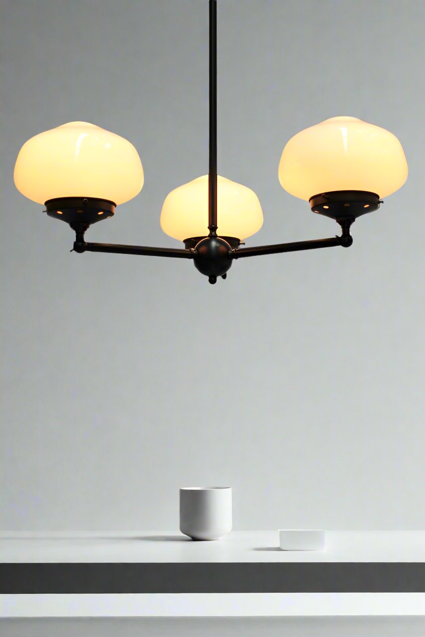 Opal shades on black steel 3 light pendant upright