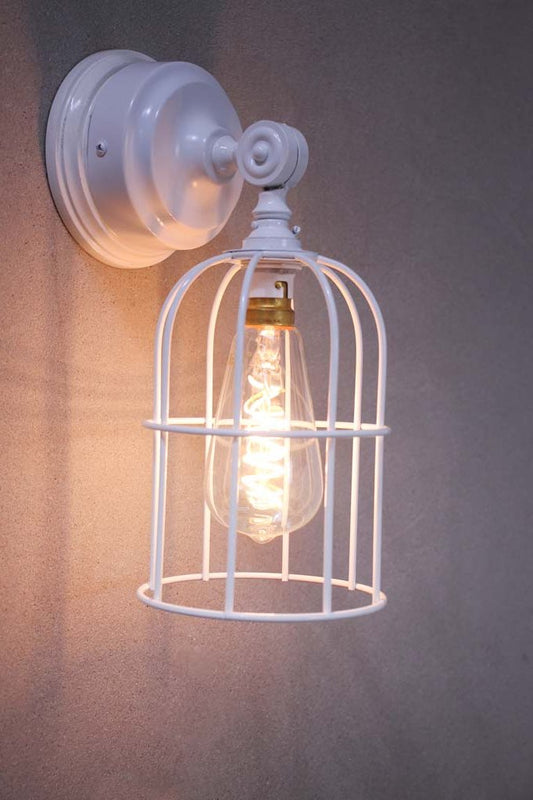 White cage wall light with small shade