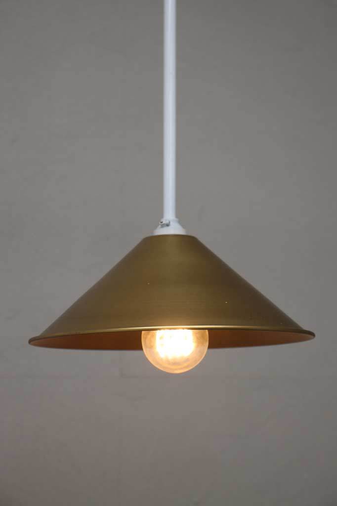 White pole pendant brass cone shade