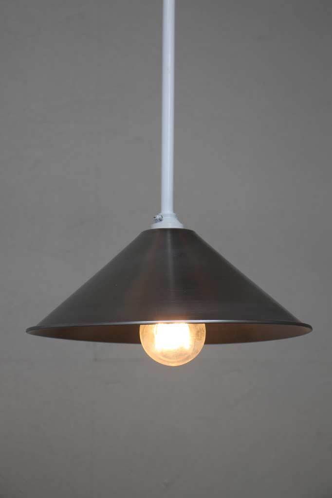 White pendant with steel cone shade