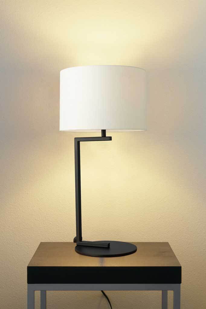 White shade black metal table lamp