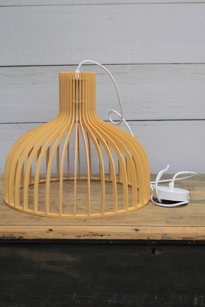 Trunk shot of a wooden pendant light with white cord