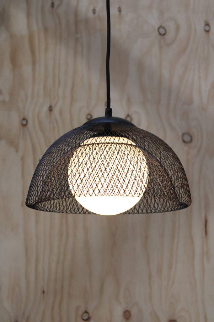 Black basket pendant with opaque glass shade