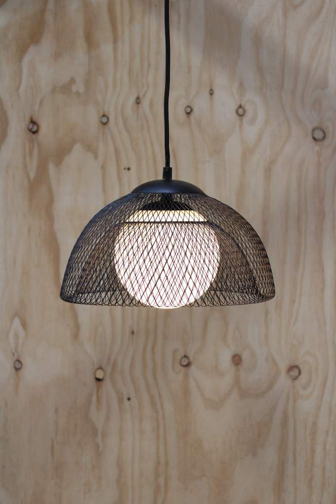 Black basket pendant with opaque glass shade