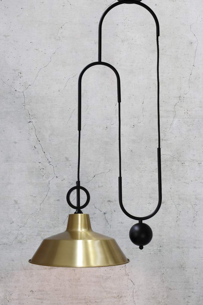 Bright brass factory shade with black pulley