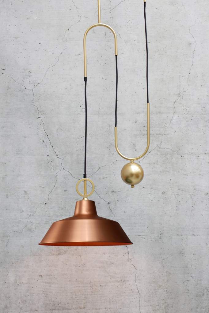 Bright copper factory shade with gold pulley