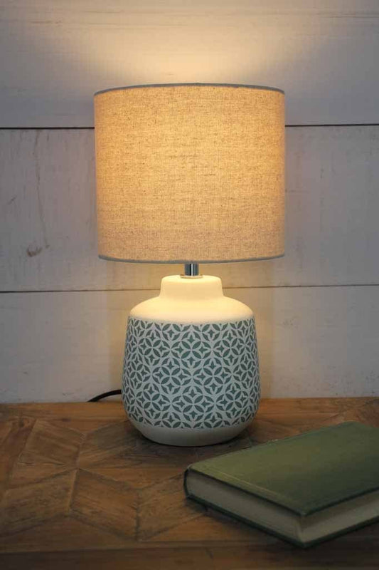 Ceramic table lamp with linen shade and batik pattern