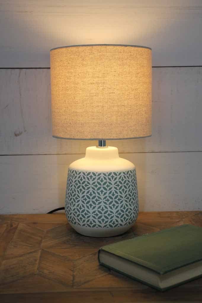 Ceramic table lamp with linen shade and batik pattern