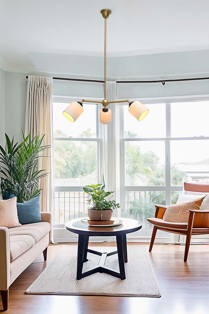 Three light chandelier suspended over coffee table