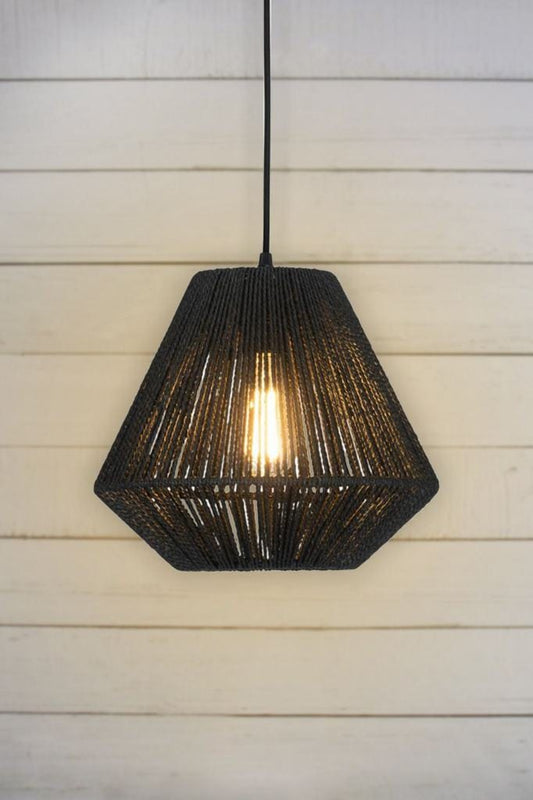 Small variant of Waikiki Rope Pendant in black against wood-like backdrop. 