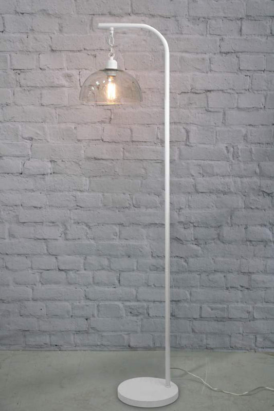 white floor lamp with suspended glass dome shade