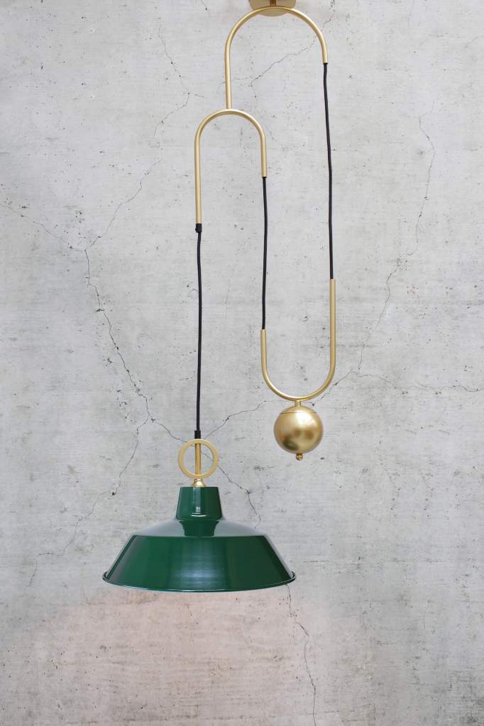 Green factory shade with gold pulley