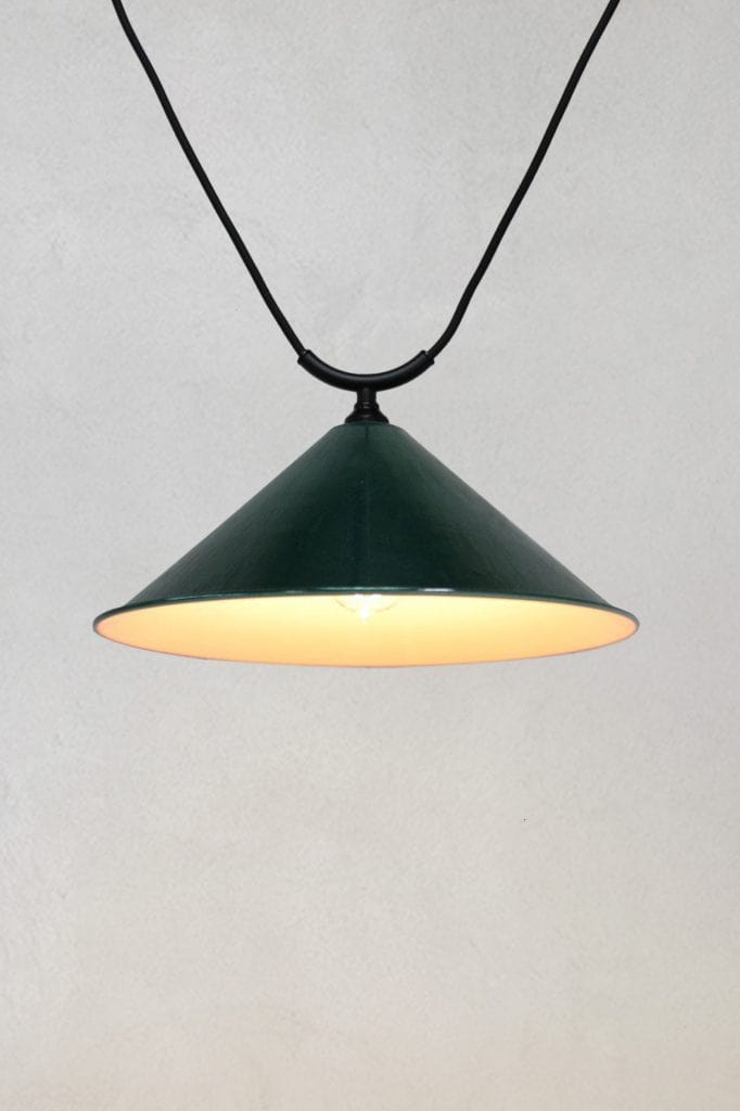 Large green steel cone shade on trapeze pendant