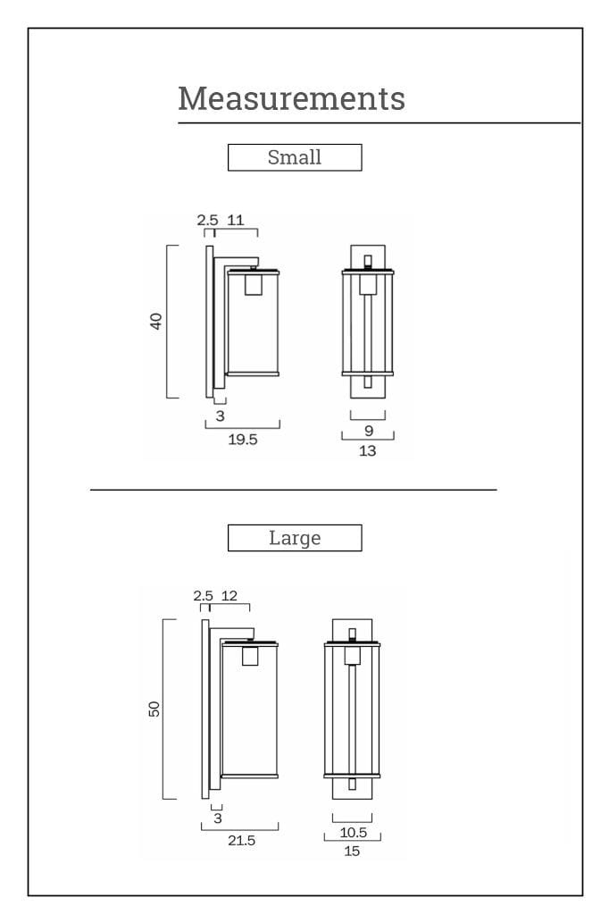 Diagram showing measurements for wall light