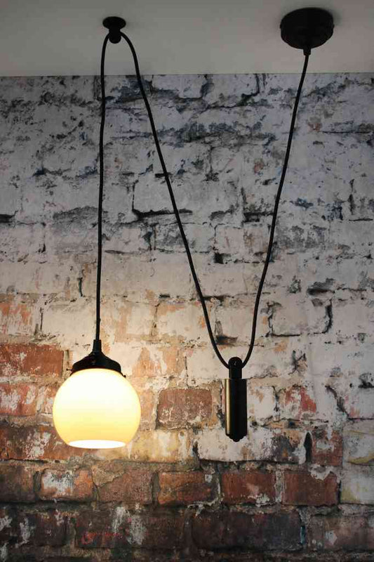 small round open glass shade with pulley suspension cord