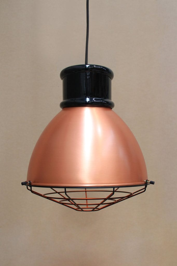 Bright copper shade with short black cover and cage