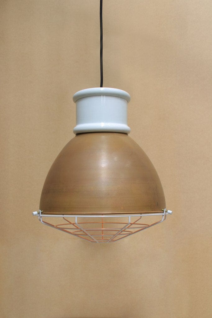 Aged brass shade with short white cover and cage