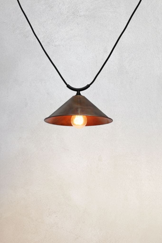 Small aged copper cone shade on trapeze pendant