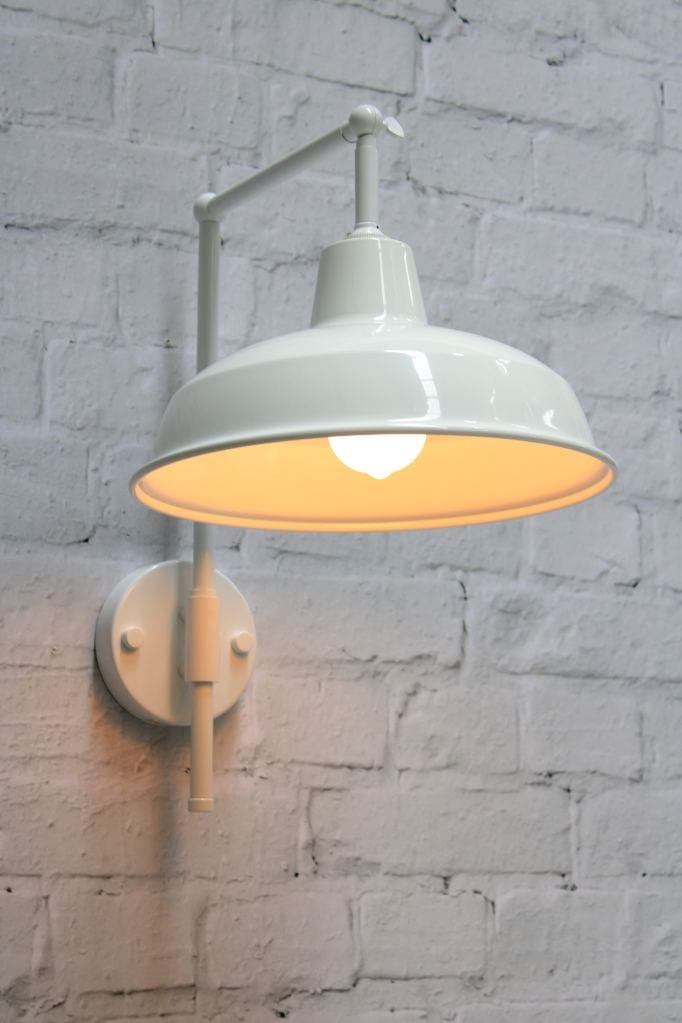 Warehouse wall light with white arm and white shade