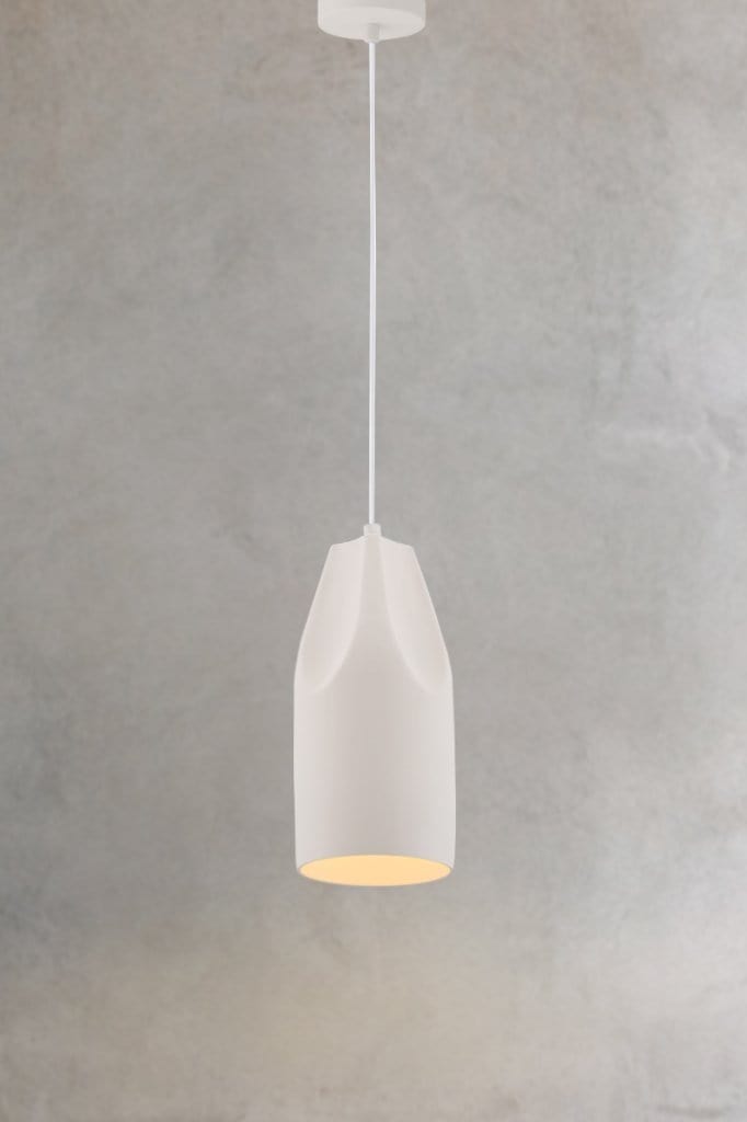 White metal pendant light with white cord and ceiling rose against a concrete background